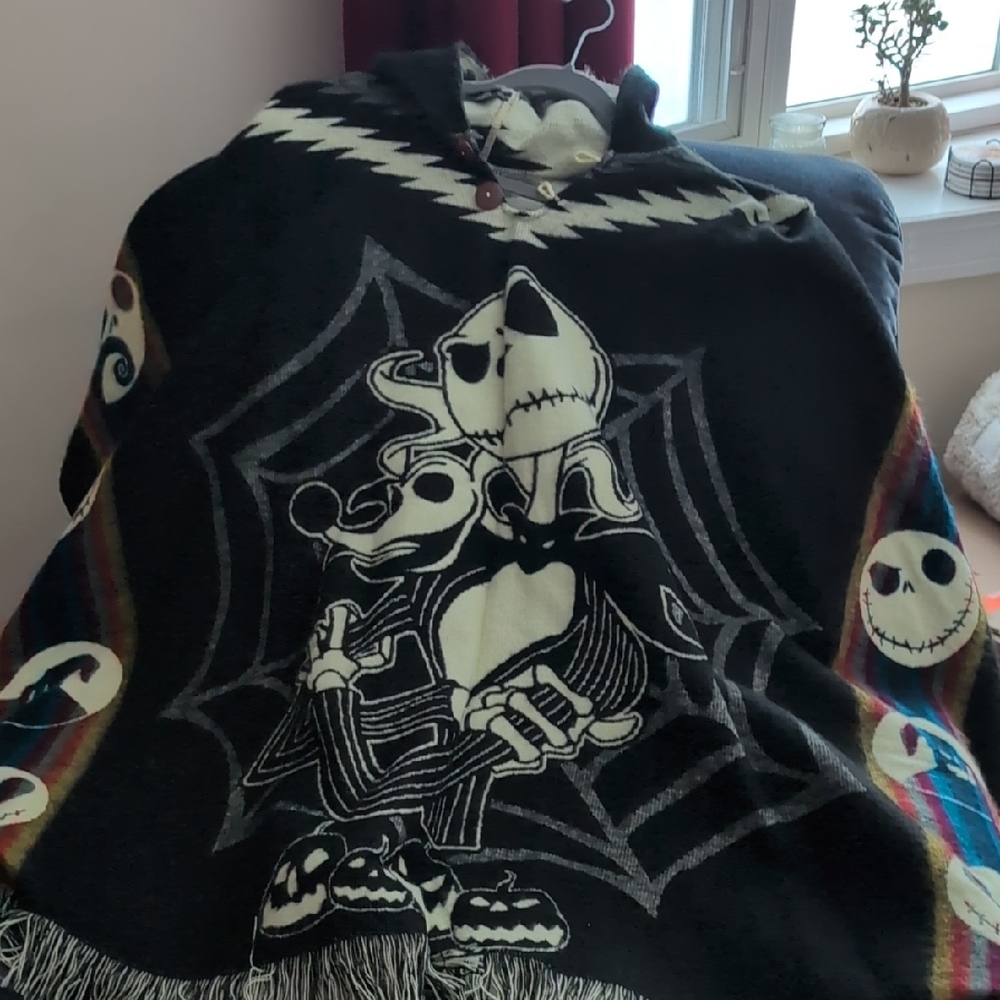 Black Hooded Poncho with Skeleton Design